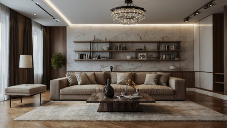 Luxury living room interior design with sofa, coffee table and bookshelf