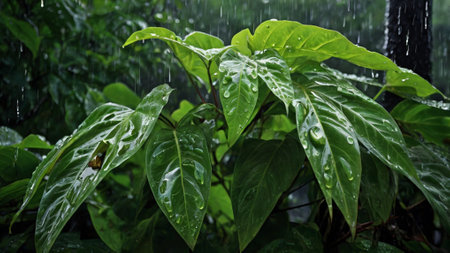 Raindrops on the leaves of a tropical plant. Raindrops on the leaves.の写真素材