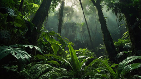 Tropical rainforest with green plants and trees in the morning