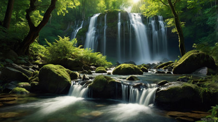 Beautiful waterfall in green forest. Nature composition. Panoramic view.の写真素材