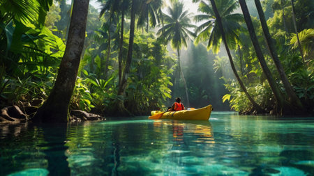 Man kayaking in a beautiful tropical lake surrounded by palm trees.の写真素材