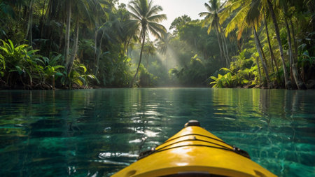 Kayaking in a tropical lagoon with palm trees in the backgroundの写真素材