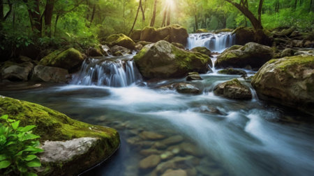 Waterfall in deep forest. Beautiful nature landscape of waterfall in deep forest.の写真素材