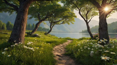 Beautiful summer landscape with a path in the middle of the lake