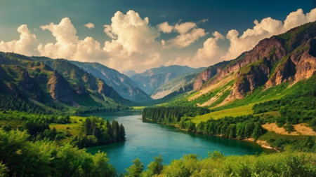 Beautiful summer landscape in the mountains. Panoramic view of the mountain river.の写真素材