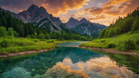 Panoramic view of the mountain river in the mountains at sunsetの写真素材
