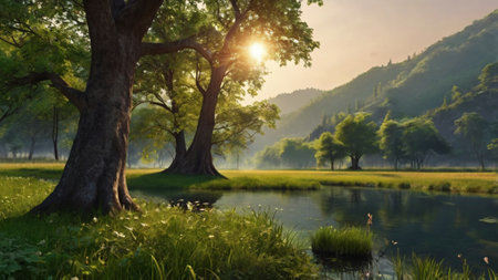 Beautiful summer landscape with lake and trees in the morning light.