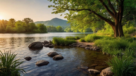 Landscape of the lake in the morning with trees and rocks.の写真素材