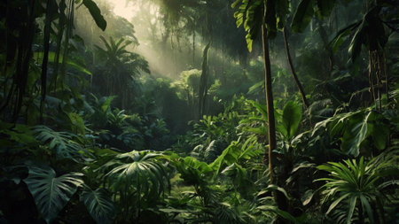 Tropical rainforest with fog and sunbeams in the morning