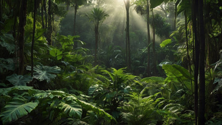 tropical rainforest with sun rays shining through the trees and leaves