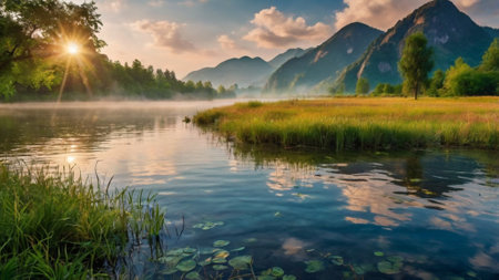 Sunrise on the lake in the mountains. Beautiful summer landscape.の写真素材
