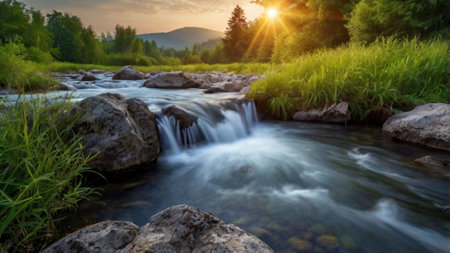 Beautiful landscape with a mountain river in the summer at sunset.の写真素材