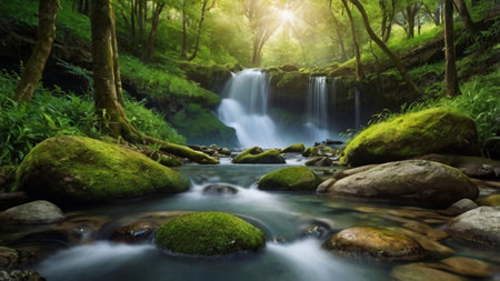Beautiful waterfall in the green forest. Waterfall in the forest.の写真素材
