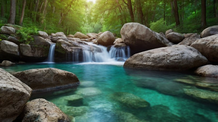 Waterfall in the green forest with blue water and rock background.