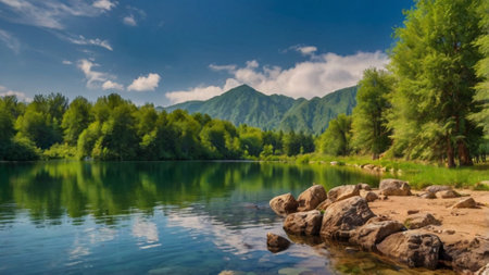 Landscape of mountain lake with clear water and green forest in summerの写真素材