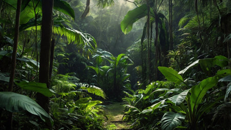 Tropical rainforest with green trees and ferns.の写真素材