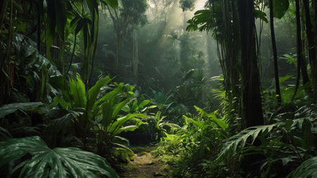 Tropical rainforest with green plants and sunlight in Sri Lankaの写真素材