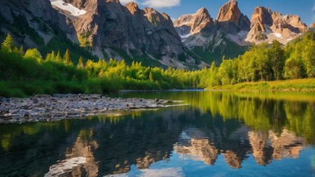 Reflection of the mountains in the lake. Beautiful summer landscape.