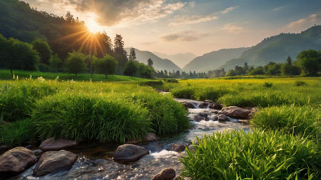 Beautiful landscape with mountain river and green meadow at sunset.の写真素材