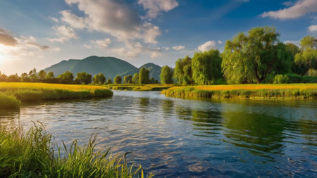 Beautiful summer landscape with river and blue sky. Panoramic view.