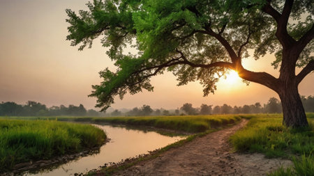 Sunset in the rice field with big tree and river. Thailand