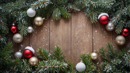 Christmas background with fir tree branches and red and silver balls on wooden boardの写真素材