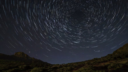 Star trails in the night sky. Long exposure photograph with grain.の写真素材