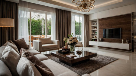 Modern living room interior design with sofa, coffee table and tv.