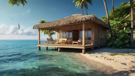 3D CG rendering of bungalows on the beach with palm treesの写真素材
