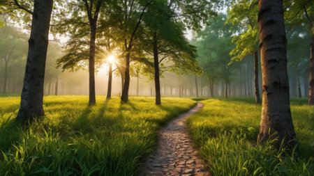 Sunset in the summer forest. Morning in the forest. The sun's rays through the trees.の写真素材