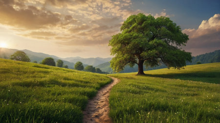 Beautiful summer landscape with a lone tree on the hillside.
