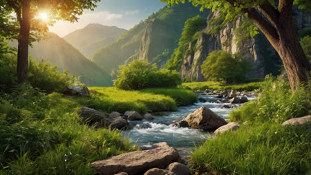 Mountain river landscape. Mountain river with green grass and stones.の写真素材