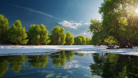 Trees reflected in the water of the river, winter landscape.の写真素材