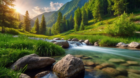 Landscape with mountain river. Beautiful summer landscape in the mountains.