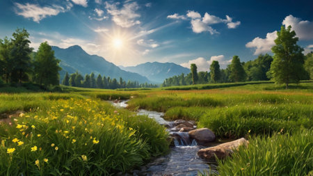 Beautiful summer landscape with mountain river and grassy meadow.の写真素材