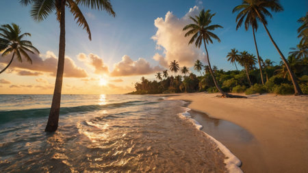 Beautiful tropical beach with palm trees at sunset, Sri Lanka.