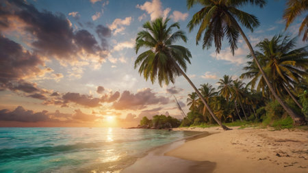 Tropical beach with coconut palm trees at sunset, Seychellesの写真素材