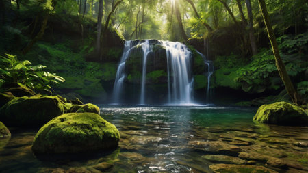 Beautiful waterfall in the green forest. Nature landscape with waterfall.の写真素材