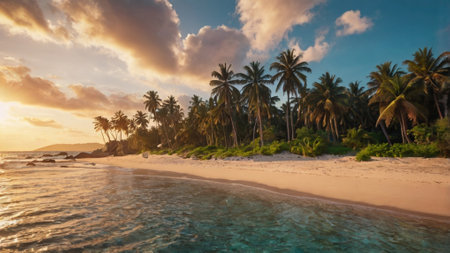 Beautiful panoramic view of a tropical beach at sunset.の写真素材