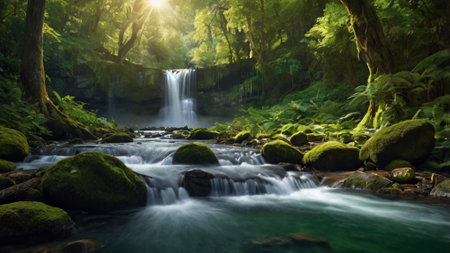 Beautiful waterfall in the forest at sunset. Long exposure photography.の写真素材