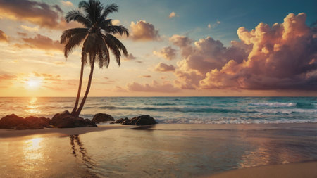 Tropical beach with palm trees at sunset, Seychellesの写真素材