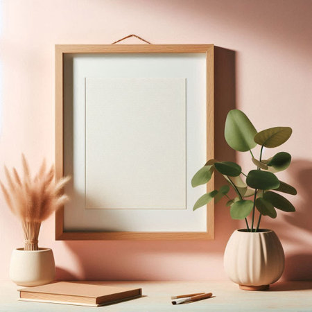 Modern scandinavian interior with mock up poster frame, plant in vase, notebook, pencils, eucalyptus branches, pampas grass on pastel pink wall. Template for home decor.の写真素材