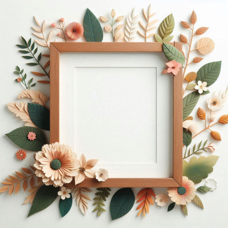 Wooden frame with flowers and leaves on white background. Flat lay, top view