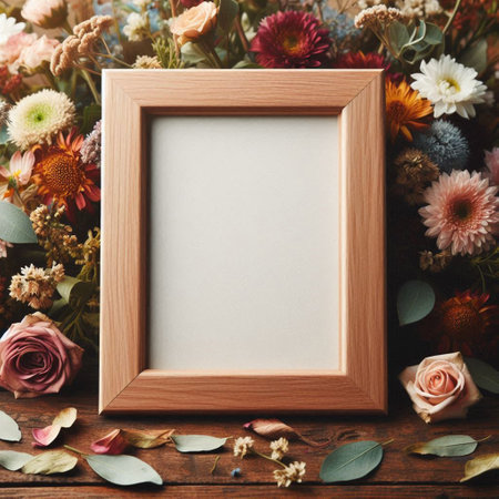 Blank photo frame with dried flowers on wooden background, top view
