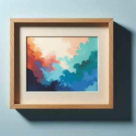 Colorful abstract painting in wooden frame on blue background. 3D rendering