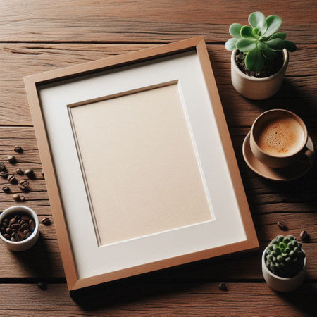 Wooden frame with cup of coffee and succulent on wooden background