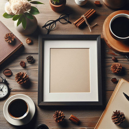 Flat lay composition with blank photo frame, coffee cup and other items on wooden tableの写真素材