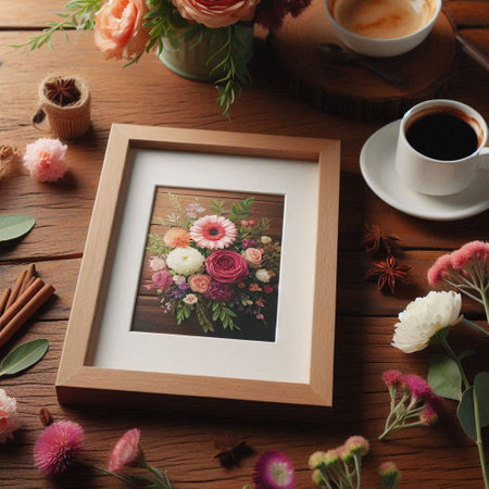 Wooden photo frame with flowers and cup of coffee on wooden tableの写真素材
