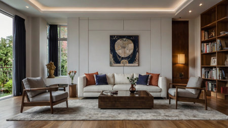 Interior of a living room with a leather sofa and a coffee tableの写真素材