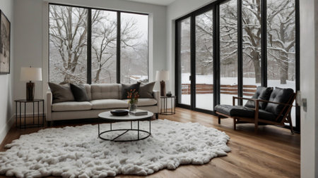 Modern living room interior with a large window overlooking a snow covered landscapeの写真素材